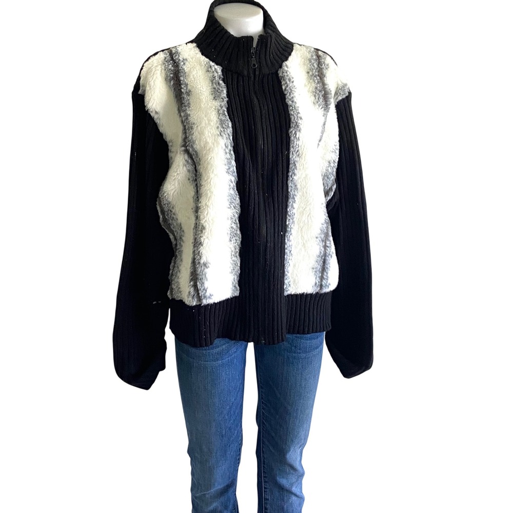 Tomfoolery Plus Womens 2X Black Ribbed Full Zip Faux Fur Trim Cardigan Sweater